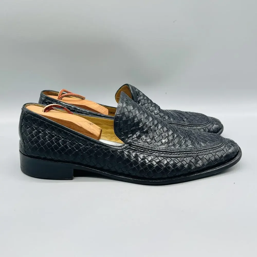 Cole Haan Shoes Mens 10.5 Black Leather Woven Loafers Vinatge Toe Italy